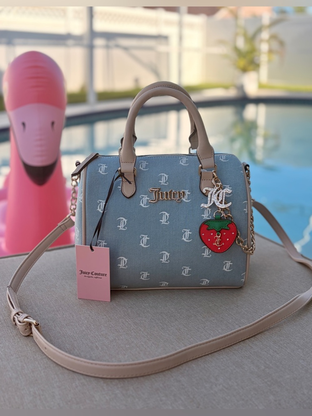 Juicy Couture Denim/ Light Blue Logo Satchel with Strawberry Charm